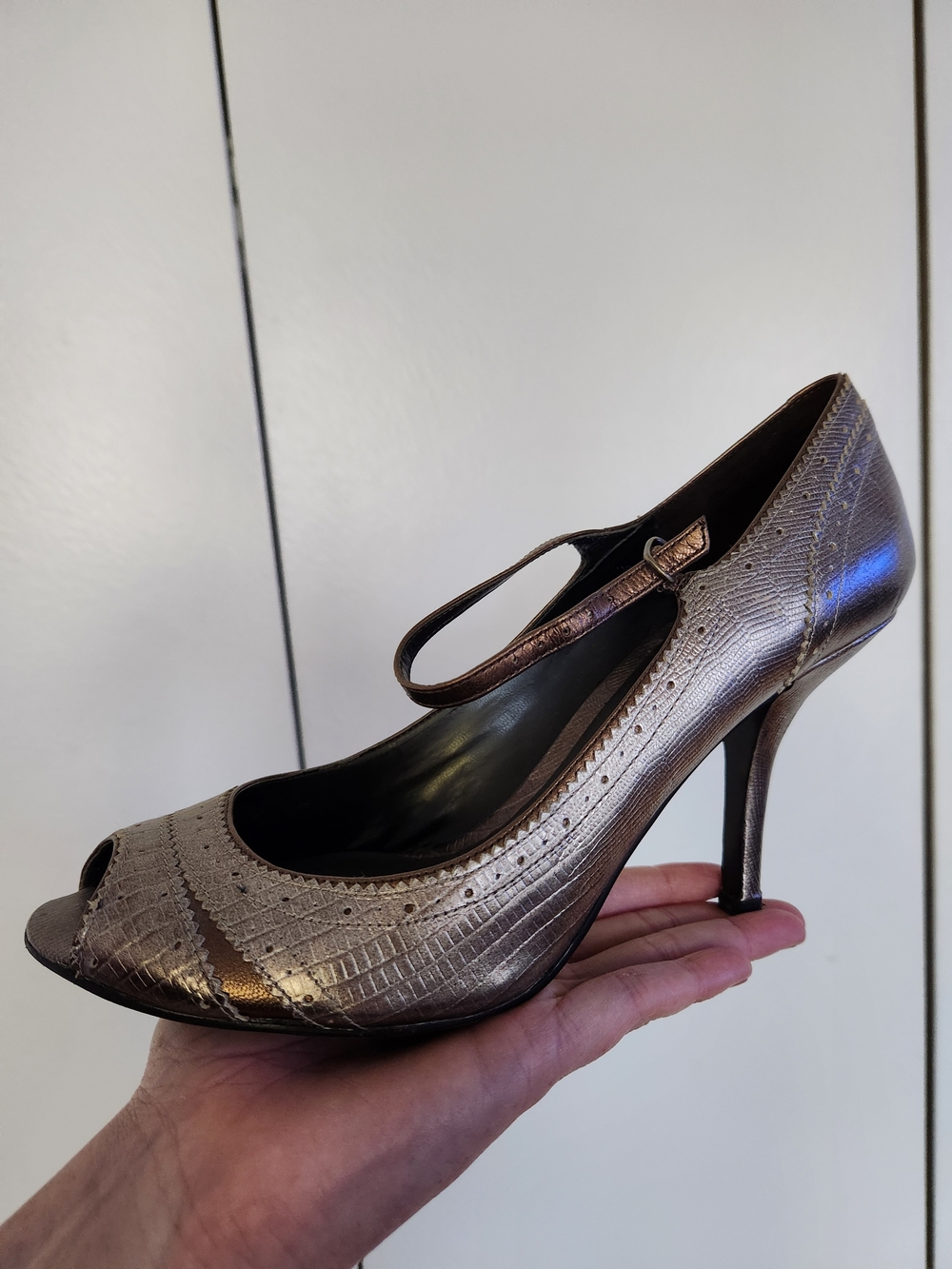 Enzo Angiolini Metallic Bronze Peep-Toe Mary Jane Heels